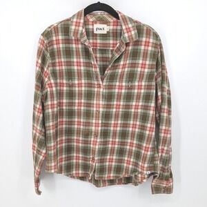 Pact Plaid Flannel Button Up Shirt Womens Medium Green Organic Cotton Gorpcore